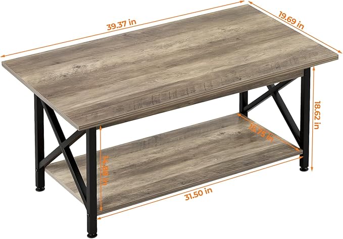 GreenForest Coffee Table with Storage, 39inch Modern 2-Tier Coffee Tables for Living Room, X-Frame Design Farmhouse Coffee Table Space Saving Living Room Small Tables, Easy Assembly, Grey Wash