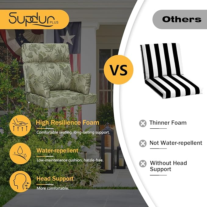Outdoor High Back Chair Cushion, 2 Pack 48 x 24 inches Patio Chair Cushions Water Repellent Rocking Cushions Indoor Furniture Seat Pad with 2 Pillows, Dark Green Vine
