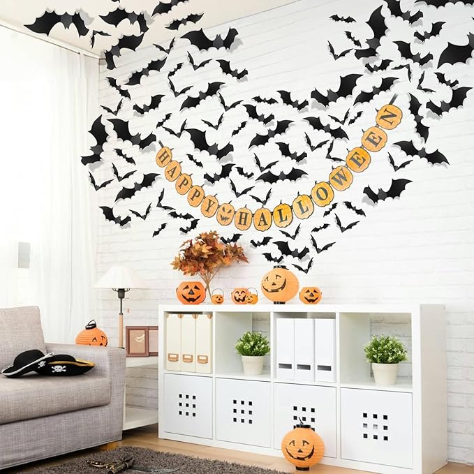 Piteno® 140Pcs Bats Halloween Decorations Party Supplies, Realistic PVC 3D Black Scary Bat Stickers for Creepy Home Decor Halloween Party Decorations DIY Wall Window Decal Bathroom Indoor