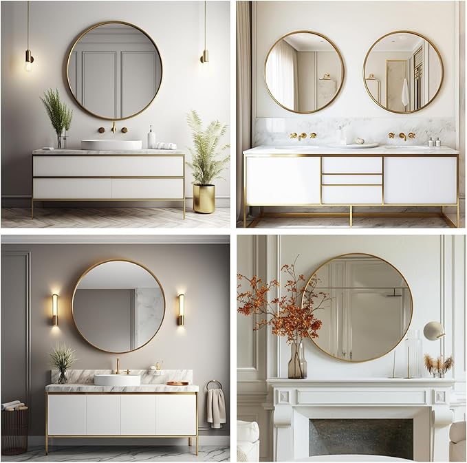 Gold Round Mirror, 24 inch Circle Mirror, Gold Metal Frame Bathroom Mirrors, Round Wall Mounted Mirrors for Bathroom, Hallway, Living Room, Bedroom.