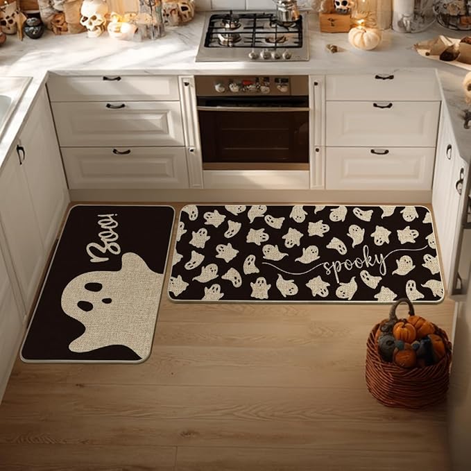 Artoid Mode Spooky Ghosts Boo Halloween Kitchen Mats Set of 2, Black Home Decor Low-Profile Kitchen Rugs for Floor - 24x35 and 24x59 Inch