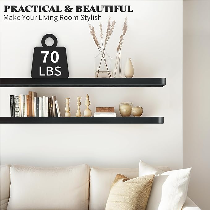 Floating Shelves for Wall, Wood Shelves with Invisible Brackets for Bathroom, Living Room, Bedroom and Kitchen, Long Wall Shelf for Books/Storage/Room Decor, 36 Inch, Set of 2, Black