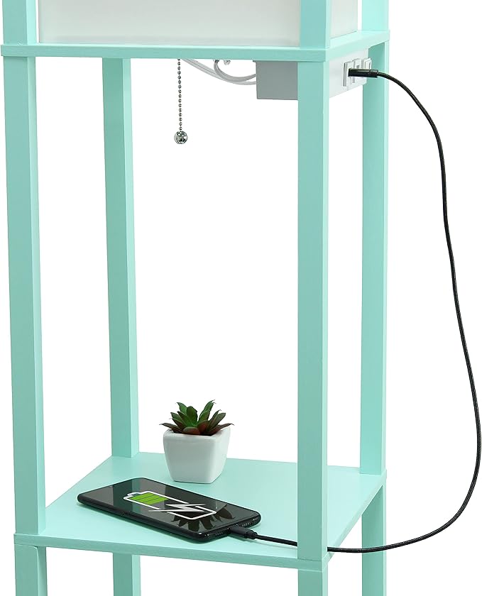 Simple Designs LF1037-AQU-LB Three Shelf Etagere Organizer Storage Floor Lamp with 2 Dual USB Ports and Charging Outlet, Aqua, with Feit LED Bulb Included