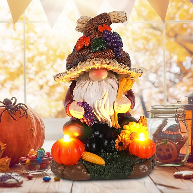 Thanksgiving Decor Fall Gnome Sculpture with Pumpkin Candle Hand-Painted Autumn Harvest Centerpiece for Home Fall Harvest Table Decor For Home Office Shelf Kitchen - Thanksgiving Autumn Gift