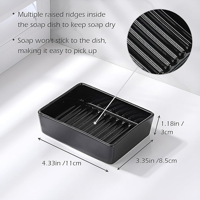 Soap Dish for Shower, Rectangle Ceramic Soap Dishes, Classic Modern Style soap Dish adds Beauty and enhances The Premium Look of The Bathroom, Non-Slip Ceramic Soap Holder(Black)