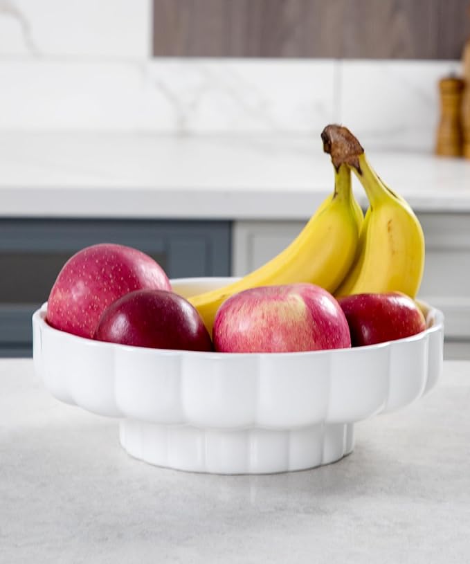 Nucookery Ceramic Petal Fruit Bowl for Kitchen Counter, 11 Inch Modern Decorative Bowl, Elegant Fruit & Vegetable Storage Container, Large Bread Basket, White