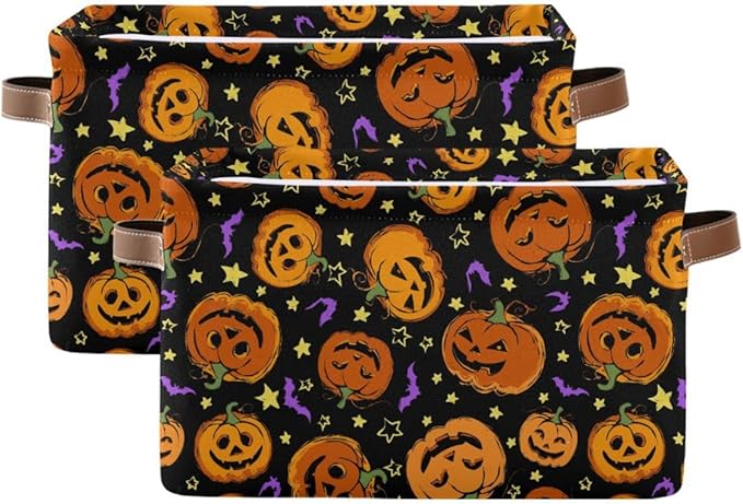 Halloween Pumpkin Spooky Storage Basket Fabric Kitchen Baskets Purple Bat Black Open Home Storage Bins Boxes Foldable Organizer Bag for Baby Cloth Pet Toy Book Shelf Closet Baskets 16×12×8 Inches