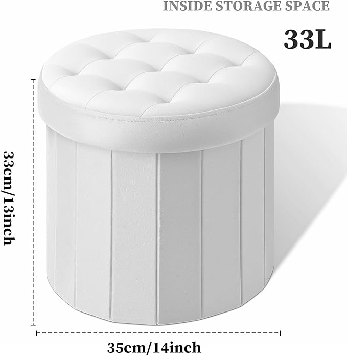 Ottoman with Storage, Foot Rest Stool with Thicker Foam Padded Seat Velvet Small Round 14“ x 14” x 13 "Inchs Storage Ottoman Bench for Living Room Foldable Pouf Coffee Table 2 Pack, White