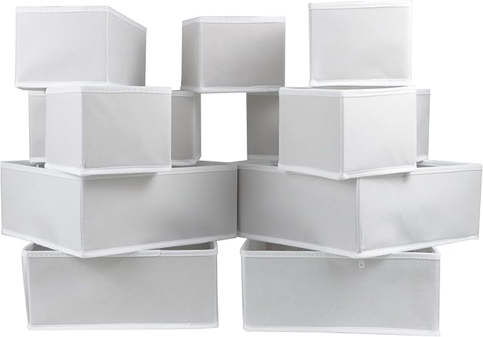 12 Pack Drawer Organizers for Clothing, Foldable Clothes Drawer Organizer for Underwear, Folded Clothes, Baby Clothing, Socks, Bra, Towels, Ties - Multi-pack Storage Box (White)