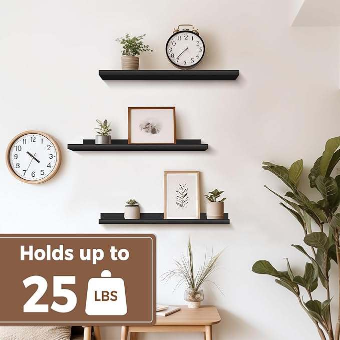 Annecy Floating Shelves Wall Mounted Set of 3, 23.6 Inch Black Rustic Wood Shelves, Storage Shelves with Guardrail Design for Bedroom, Bathroom, Kitchen, Office, 3 Different Sizes