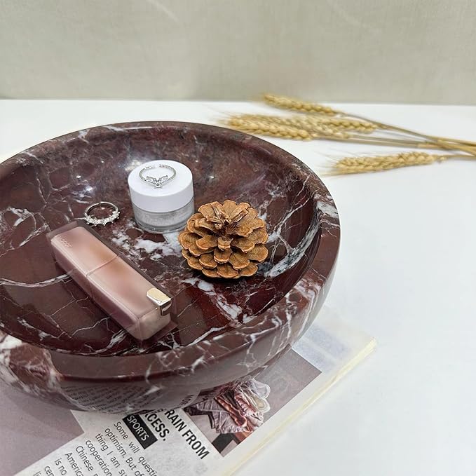 Large Decorative Marble Bowl, 7.87 inches,Natural Stone Round Bowl for Home Decor, Fruit, Nuts, Jewelry tray,Coffee Tables Centerpiece, Soap Serving (Purplered-7.87inch)