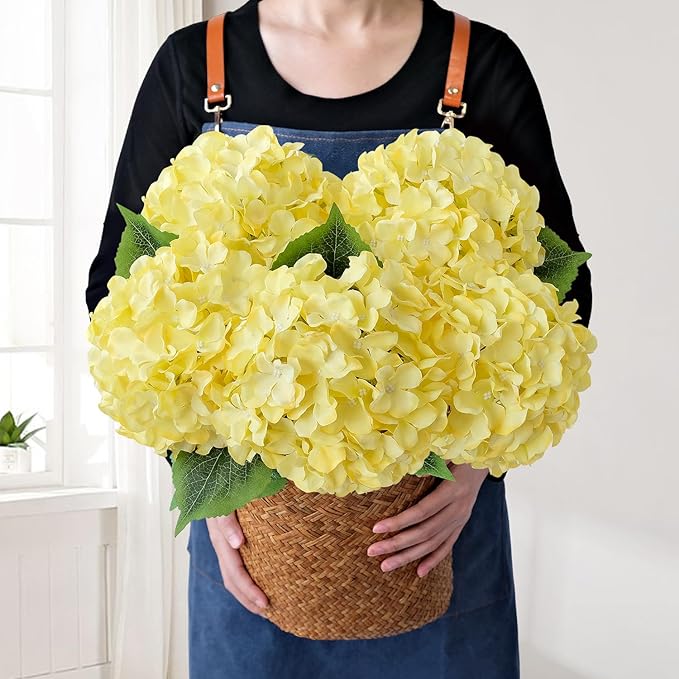 Yellow Fake Hydrangea Flower Heads with Stems, 5Pcs 20Inch Full Fake Flowers for Wedding Home Garden Indoor Bouquet Table Centerpieces Floral Arrangements