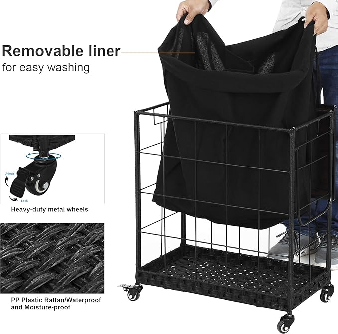 Laundry Hamper with Wood Lid and Divided Liner Bag; Durable Laundry Basket with Heavy Duty Rolling Lockable Wheels; Clothes Hamper with Removable Liner Bag; Laundry Sorter with Metal Handle (Black)