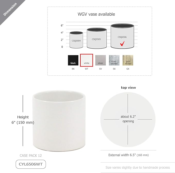 WGVI Matte White Ceramic Cylinder Vase Width 6.5" Height 6", Flower Arrangements, Candle Holder, Terrarium Planter Pot, Storage Container Organizer, Pen Brush Holder, Table top Decor, 1 Piece