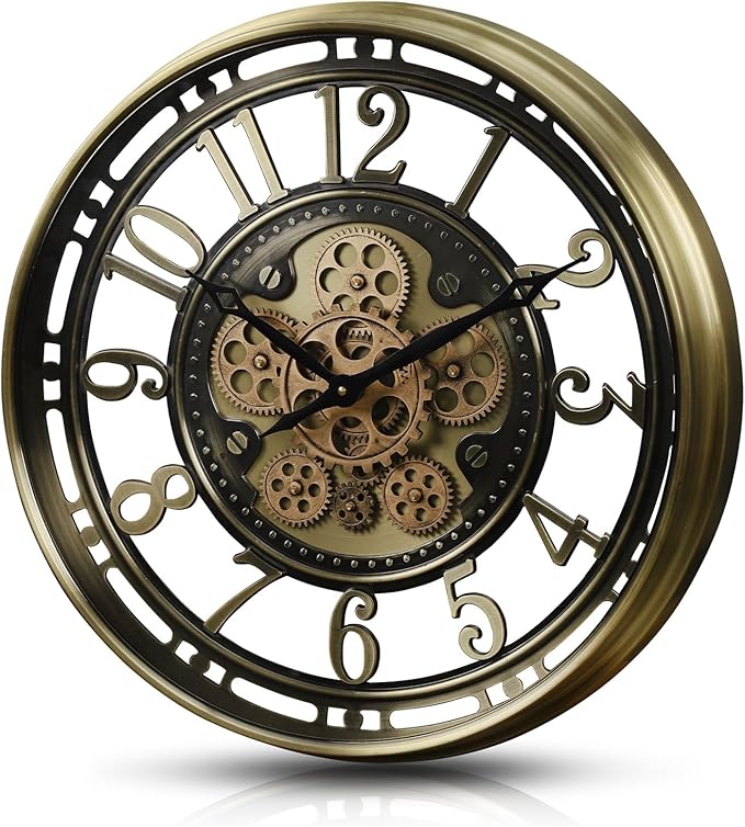 CLXEAST 21 Inch Industrial Moving Gears Wall Clock,Modern Farmhouse Arabic Numeral Battery Operated Silent Wall Clock for Living Room Decor,Brushed Gold,House Warming Gifts New Home