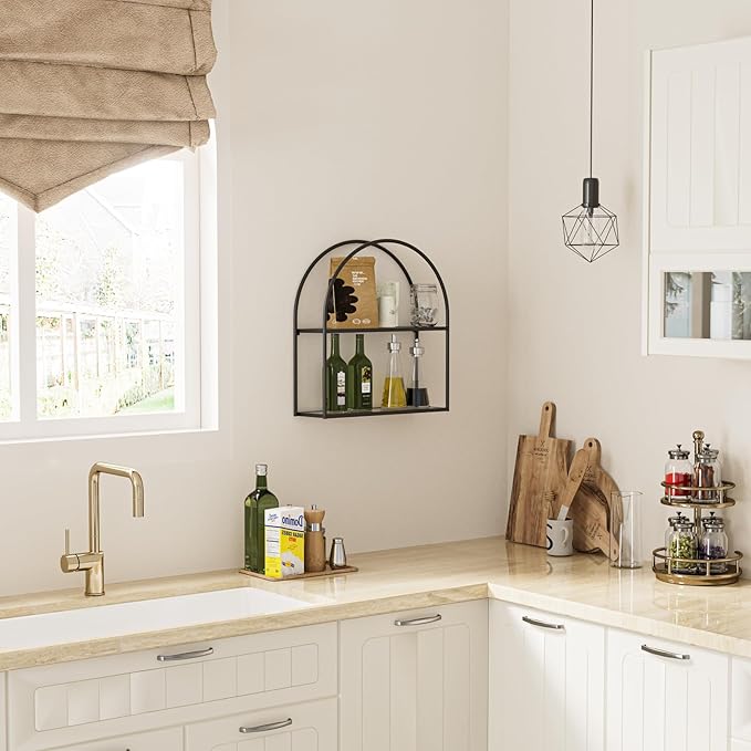 Crofy Black Arched Frame Wall Shelf, Decorative 2 Tier Bathroom Wall Shelf with Transparent Tempered Glass Shelves and Robust Storage Capacity, 6" D x 17.9" W x 19.18" H