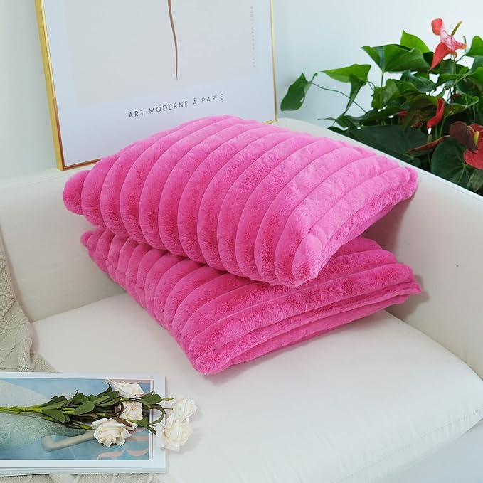 JOJUSIS Pack of 2 Faux Fur Plush Decorative Throw Pillow Covers Couch Cushion Case Soft Pillowcases (Hot Pink, 16 x 16-Inch)