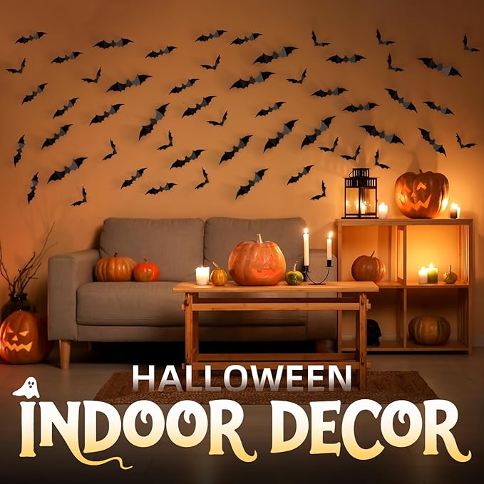 140Pcs Bats Wall Decor - 3D Bats Halloween Decorations, Halloween Party Supplies Stickers, Bat Wall Decal for Bathroom, Home, Door, Window, Bedroom, Office, School
