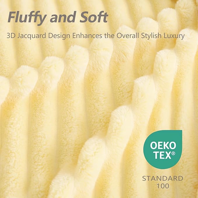 Bnuitland Super Soft Flannel Throw Blanket, 3D Striped Jacquard Fluffy Blanket for Bed,Sofa,Couch,Home Decor, 300GSM Fleece Lightweight Cozy Throw for Adults and Kids, 50X70 inches Light Yellow