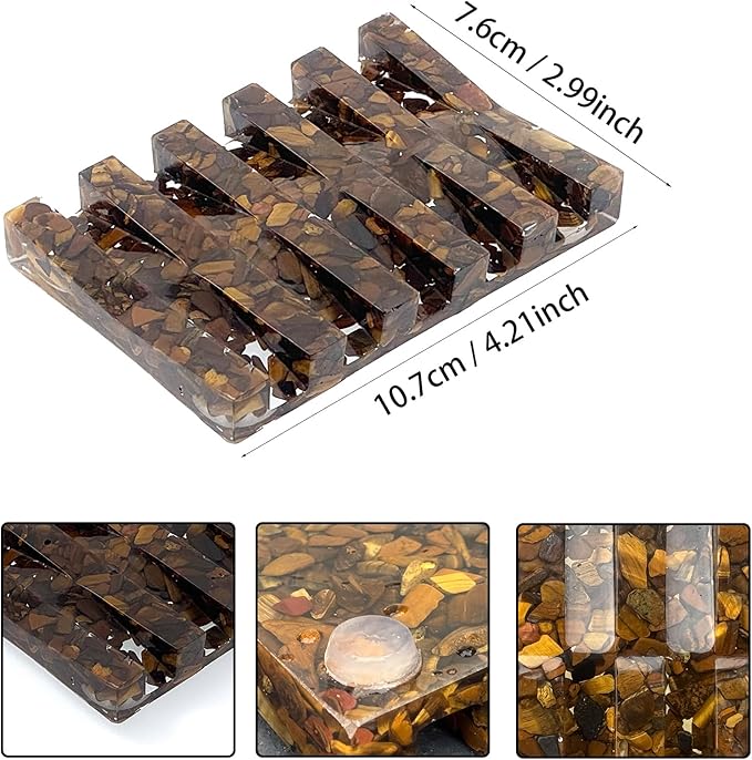 Handmade Tiger Eye Stone Rectangle Bar Soap Holder with Drainage Function, Crystal Dish for Shower and Bathroom Decor, Natural Soap Tray to Keep The Soap Dry Resin Kitchen Decoration (Tiger Eye)