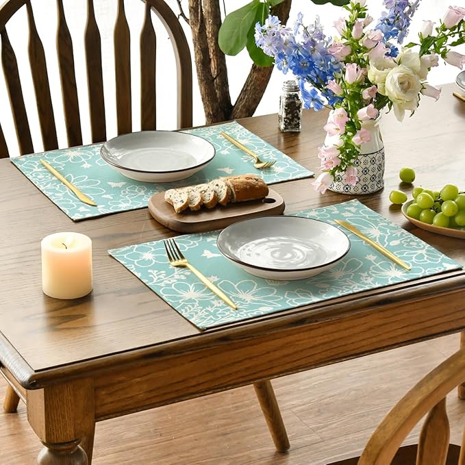 Artoid Mode Blue Bloom Flowers Summer Placemats Set of 4, 12x18 Inch Seasonal Spring Table Mats for Party Kitchen Dining Decoration