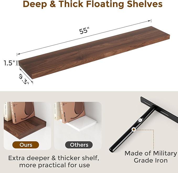 55"W x 9"D Floating Shelves Set of 2, 9.3 Inch Deep Floating Shelves Wall Mounted, Wide Wall Shelves Invisible Bracket, Deep Storage Shelves for Living Room, Bathroom, Kitchen, Walnut Color