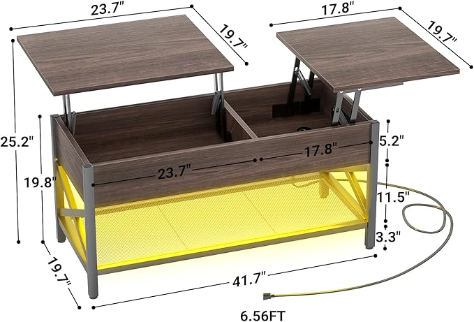 Aheaplus Coffee Table, Lift Top Coffee Table with LED light and Power Outlet, Modern Lift-Top Table with Storage Shelf, Center Table for Living Room with Lift Tabletop, X Support Metal Frame, Espresso