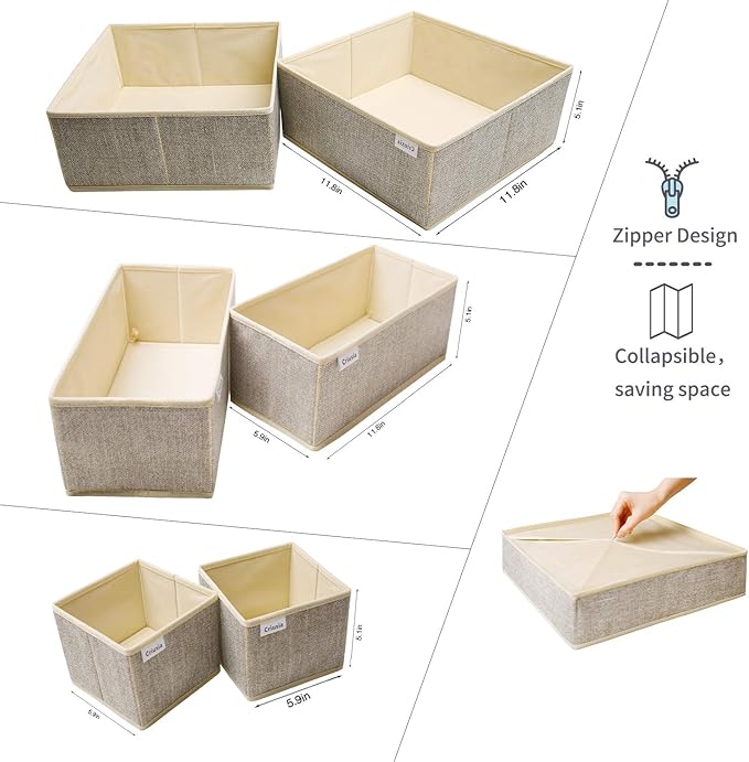 Criusia Underwear Drawer Organizer, 6 Set Foldable Underwear Drawer Organizer and Closet Dividers,Storage Box for Clothes, Socks, Underwear (6 Bins, Beige)