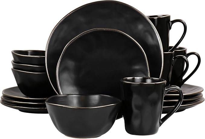 Elama Modern 16 Piece Stoneware Dinnerware Set in Matte Black with Gold Rim (ELM-MATTE)