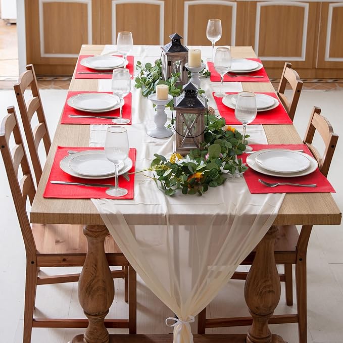 Linen Fabric Placemats Set of 6, Machine Washable, Heat Resistant, Wrinkle Free, Thick Polyester Kitchen Place Mats for Dining Table (Red)