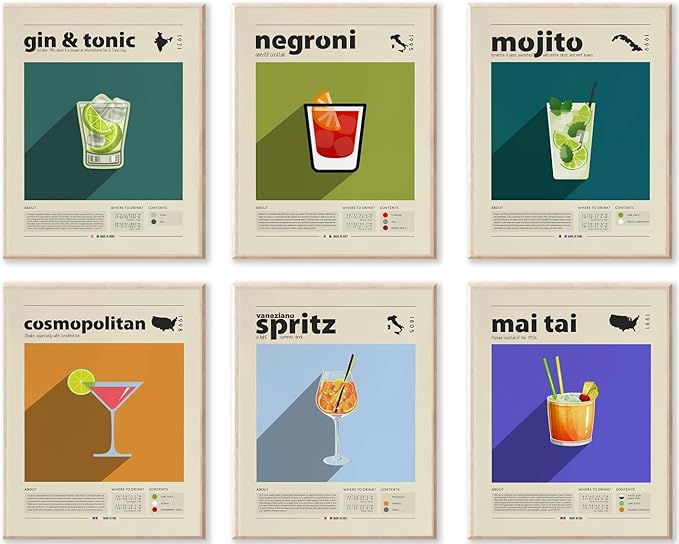 Cocktail Mixology Poster, Vintage Colorful Liquor Drink Alcohol Bar Wall Art for Home Bar Decor, Cocktail Wall Art Print Aesthetic for Girls Party Apartment Dorm Kitchen Bar Decoration, Funky Trendy
