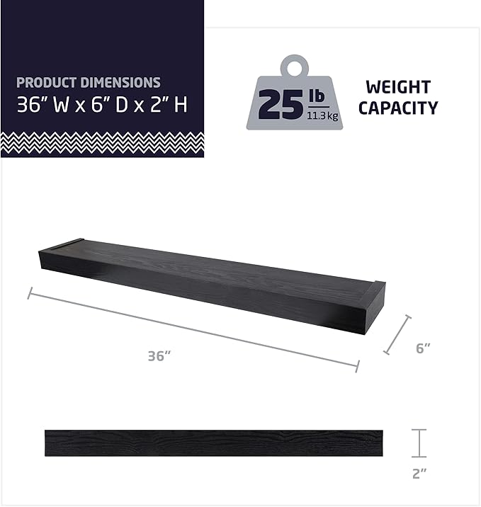 HIGH & MIGHTY 515664 Decorative 36" Floating Shelf Holds up to 25lbs, Easy Tool-Free Dry Wall Installation, Flat, eCommerce Packaging, Black