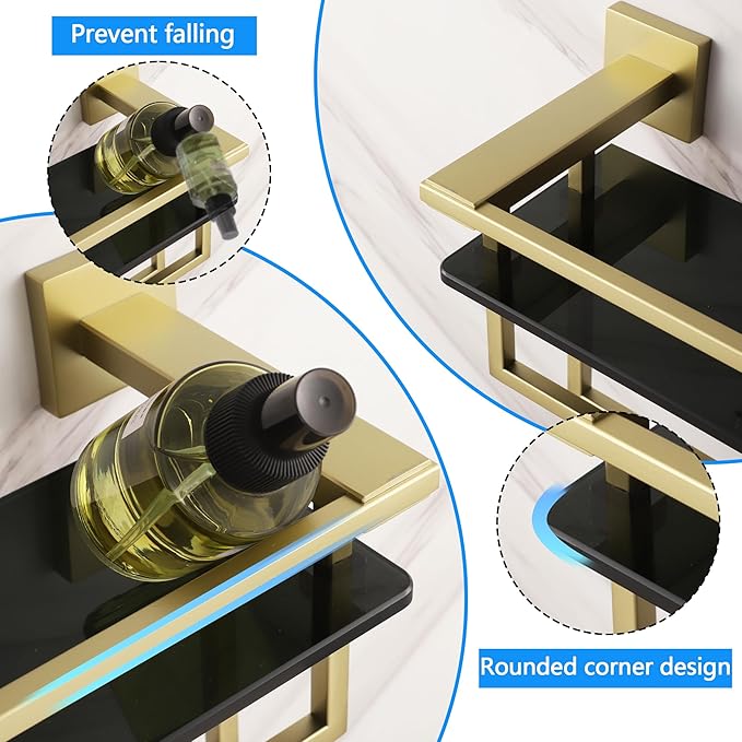 Bathroom Glass Shelf with Bars 20-Inch Floating Tempered Glass Shelves with 2 Towel Rails Cologne Shelf for Men Shower Bath Storage Glass Rack Wall Mount Heavy Duty Black and Gold,A7617GK