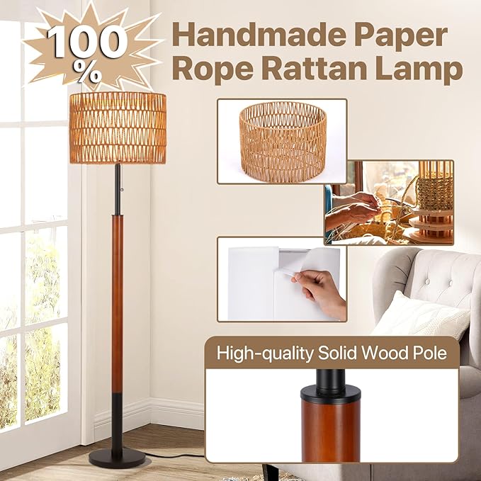 Boho Floor Lamps for Living Room, Rattan Floor Lamp with 3-Way Dimmable Bulb, Wood Floor Lamp with Rattan & Fabric Shades, Solid Wooden Pole Boho Standing Lamps, Large Floor Lamps for Bedroom Office