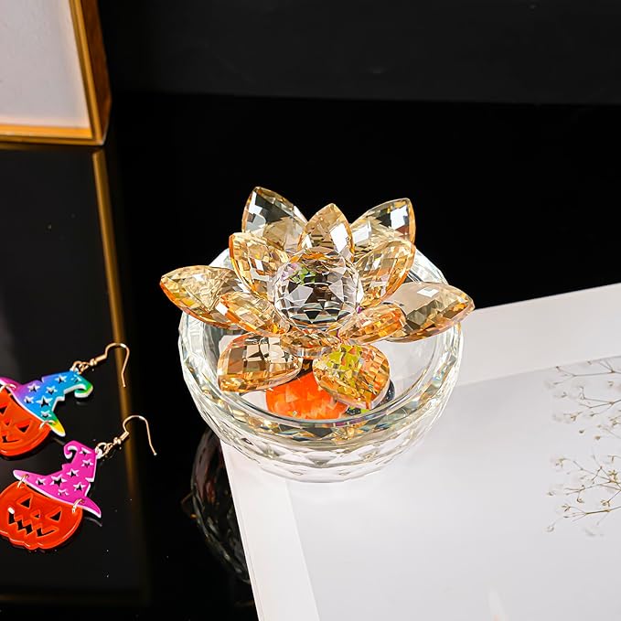 Crystal Jewelry Box Lotus Glass Jewelry Trinket Box with Lid Decorative Box to Ring Earrings Necklace Storage Holder for Home Decor (Gold)