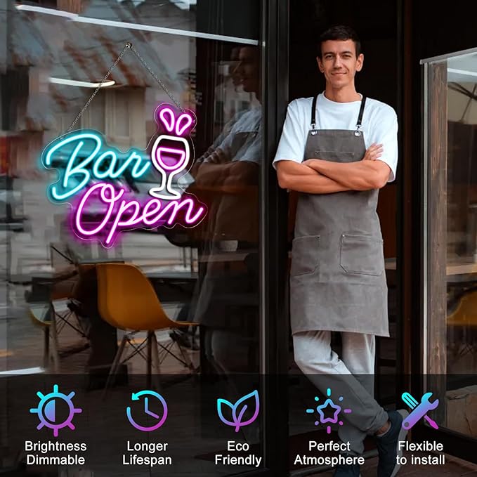 Bar Open Signs for Business, 16.5"X 14.3" Dimmable LED Neon Open Sign Powered by USB with ON/OFF Switch, Bright High Visibility Light Up Neon Sign for Home Beer Club Party Gift