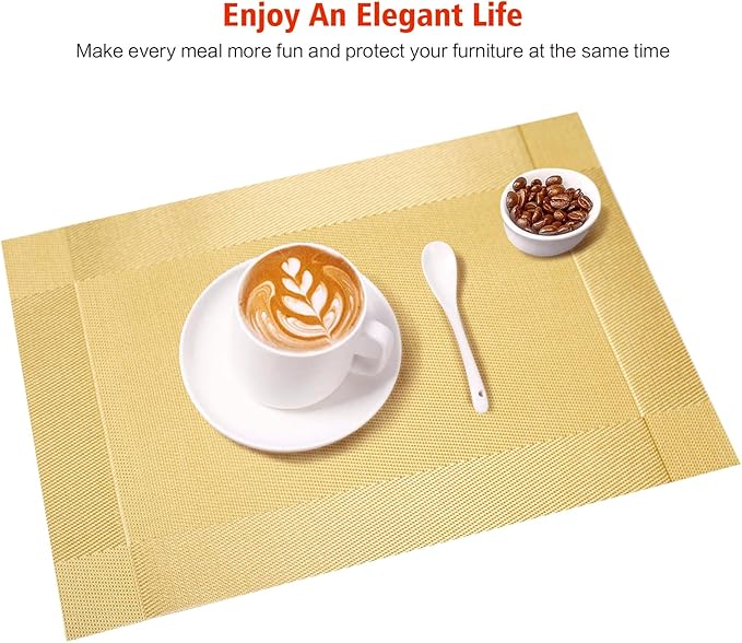 Placemats Set of 6,Washable,Heat and Stain Resistant Indoor/Outdoor Place mats, Vinyl Woven Non Slip Table Mats for Restaurant Table Protection, PVC Table Placemats.(Gold, 6PCS)…