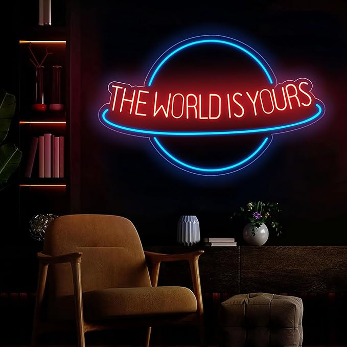 The World is Yours Neon Sign Planet LED Neon Light for Wall Decor Dimmable Blue Light Up Signs for Man Cave Beer Bar Wedding Game Room Bedroom Birthday Party Decor Gift