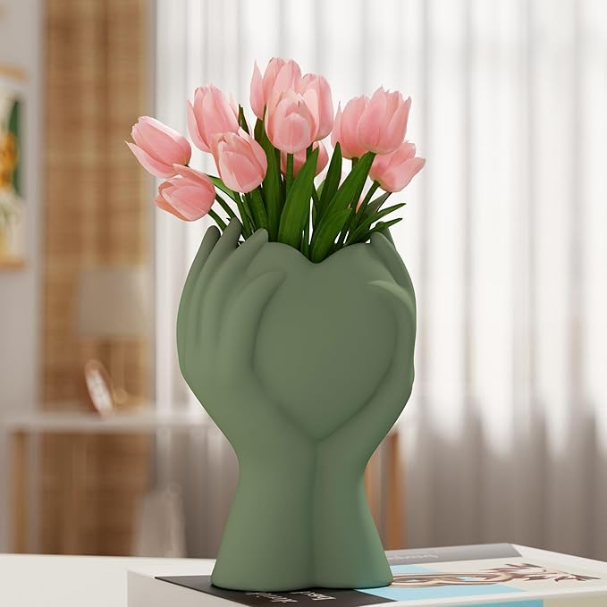 8 Inch Heart Hand White Ceramic Vase - Unique Modern Aesthetic Flowers Vase for Living Room Bedroom Office Kitchen Table Centerpiece or Shelf Decor - Gifts for Wedding Bridal Shower Women Mom (Green)