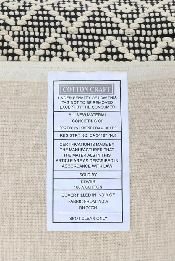 COTTON CRAFT Woven Dhurrie Pouf - Stripe Diamond Pattern Ottoman Footstool Bean Bag - Dorm Bedroom Small Spaces Accent Seating - Prefilled Comfortable Square Pouf Footrest - 16x16 - Ivory Black