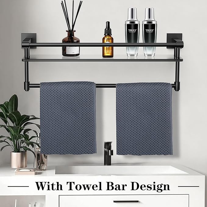 Glass Shelf for Bathroom 20 Inch Bathroom Shelves with Towel Bar Tempered Glass Shelves with Stainless Steel Towel Holder for Wall (All Matte Black)