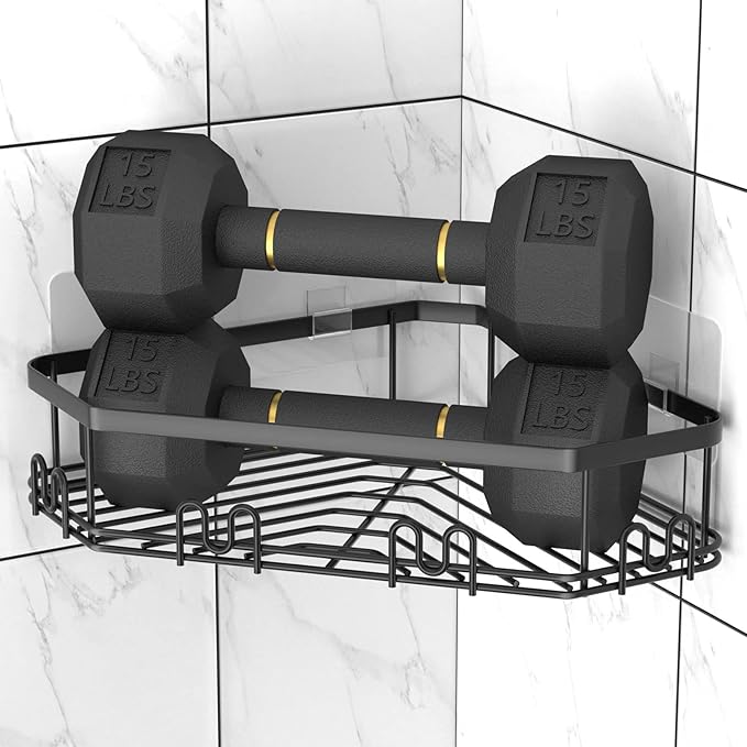 STEUGO Corner Shower Caddy, 3 Pack Adhesive Shower Corner Organizer Shelves, No Drilling Stainless Steel Shower Storage Rack with 12 Hooks for Bathroom, Dorm and Kitchen (Matte Black).