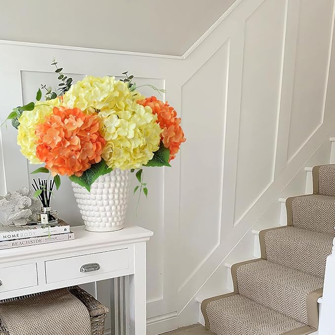 5Pcs 20Inch Orange Artificial Hydrangeas, Full Silk Flower Heads with Stem, Halloween Fake Hydrangea Flowers for Wedding Home Garden Centerpiece Floral Arrangements