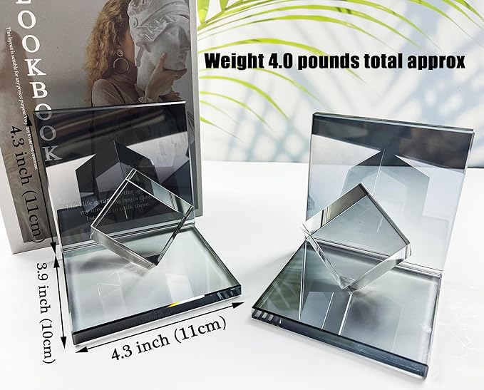 Crystal Bookends Decorative Glass Book Holders Heavy Duty Book Ends with Cube for Shelf Decor Unique Book Stopper Gray