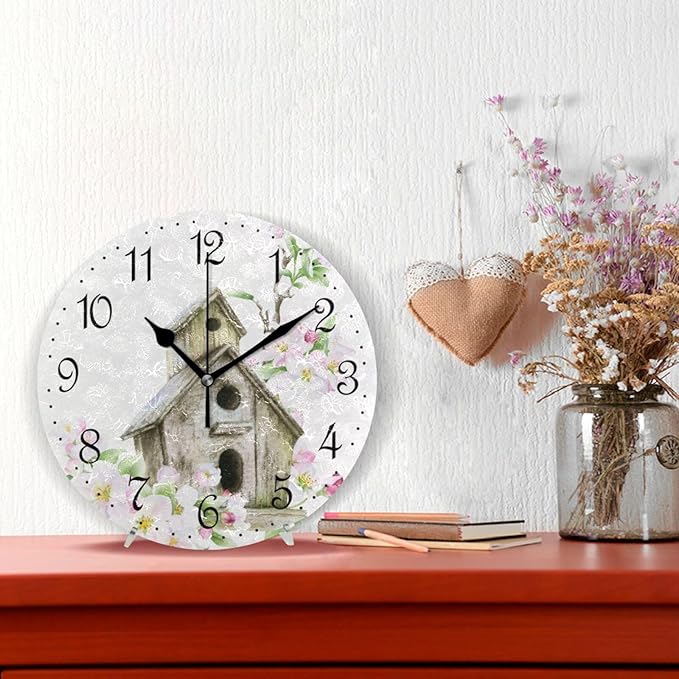 ALAZA Wall Clock Birdhouse Watercolor Floral Silent Non-Ticking Decorative Wall Clocks Battery Operated 10 Inch for Home Living Room Kitchen Bathroom Bedroom
