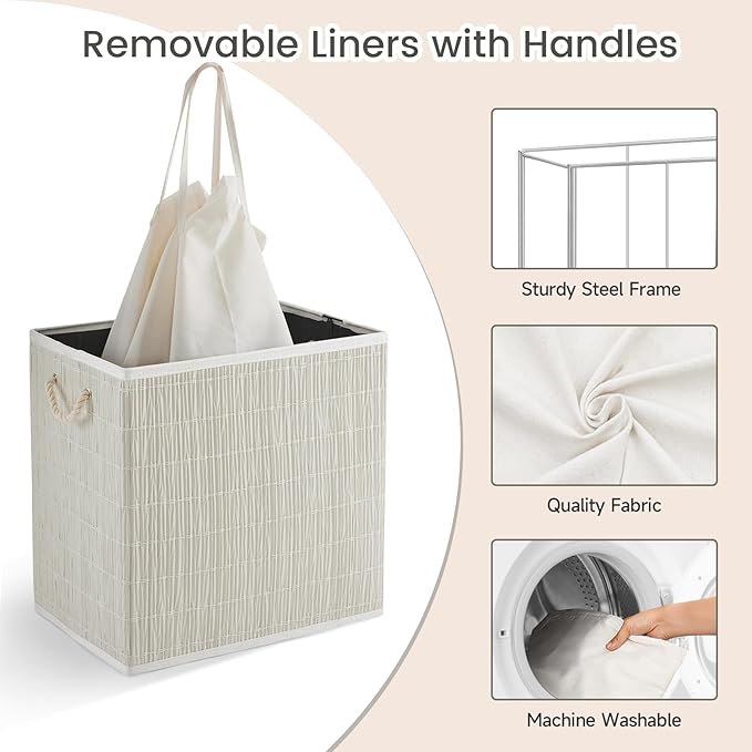 Laundry Hamper with Lid, 42.3 Gallon (160L), Handwoven Rattan Laundry Basket, 3-Section Clothes Hamper with Handles, 2 Removable Liner and Side Pocket, White
