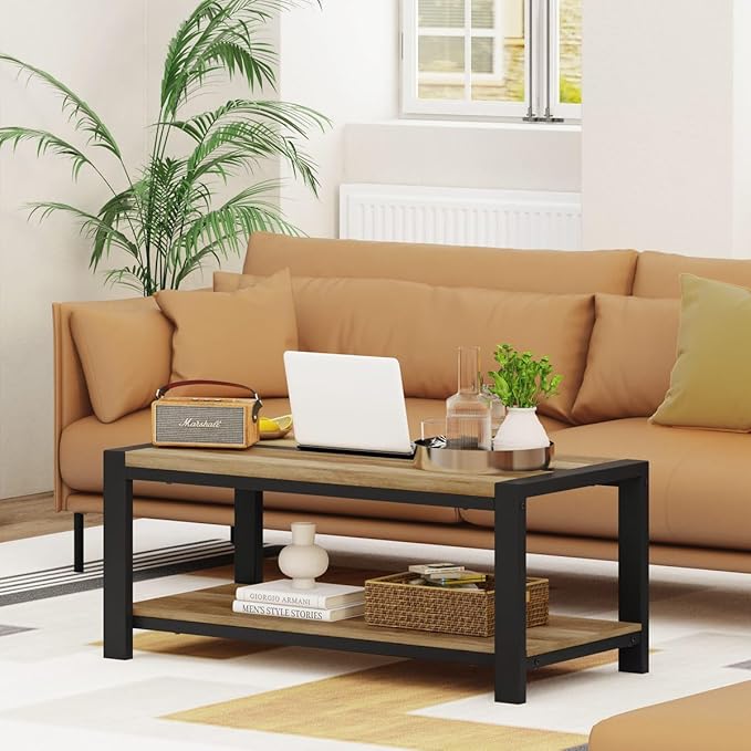 BON AUGURE Wood Coffee Table, Rectangle Coffee Tables for Living Room, Farmhouse Living Room Center Tables, Low Cocktail Tea Table with Rounded Corner (Vintage Oak, 43 Inch)