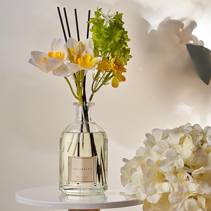 COCORRÍNA Reed Diffuser - Clean Linen 8.5 Fl.oz/ 250ml Flower Diffuser with 8 Sticks, Reed Diffusers for Home Bathroom Shelf Decor (Botanical Flower Collection)