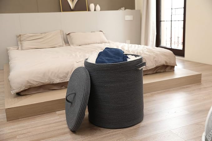16" x 16" x 18" Extra Large Storage Basket with Lid, Cotton Rope Storage Baskets, Laundry Hamper, Cloth Bin, for Clothes Towels Blankets Pillows Storage in Living Room, All Dark Grey