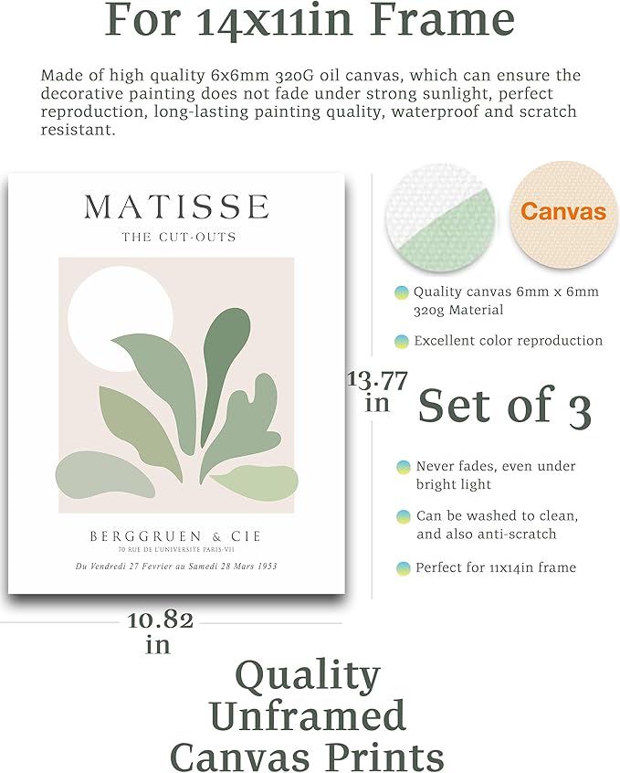 Matisse Abstract Wall Posters, Set of 3 Sage Green Wall Posters, No Frame, Quality Canvas Prints for 11 x 14 Inch, Art Posters for Kitchen Bathroom Living Room Bedroom